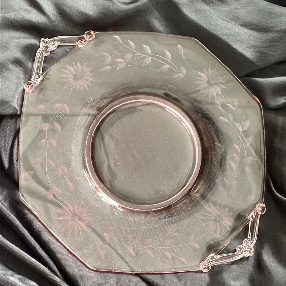 Vintage Depression Pink Octagonal Glass Decor Plate with Floral Accents